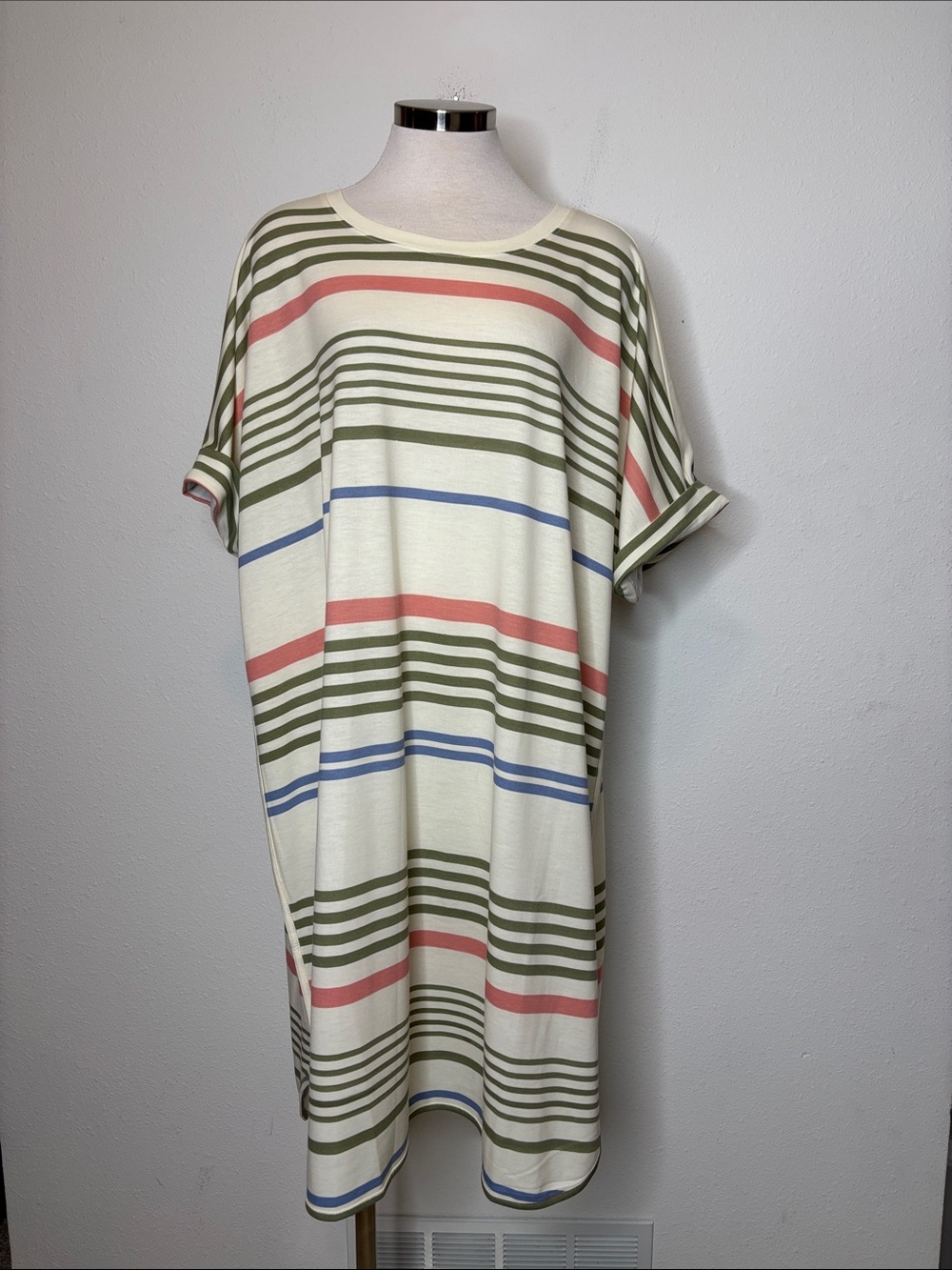 new directions Cream Midi T-Shirt Dress with Olive, Coral & Blue Stripes